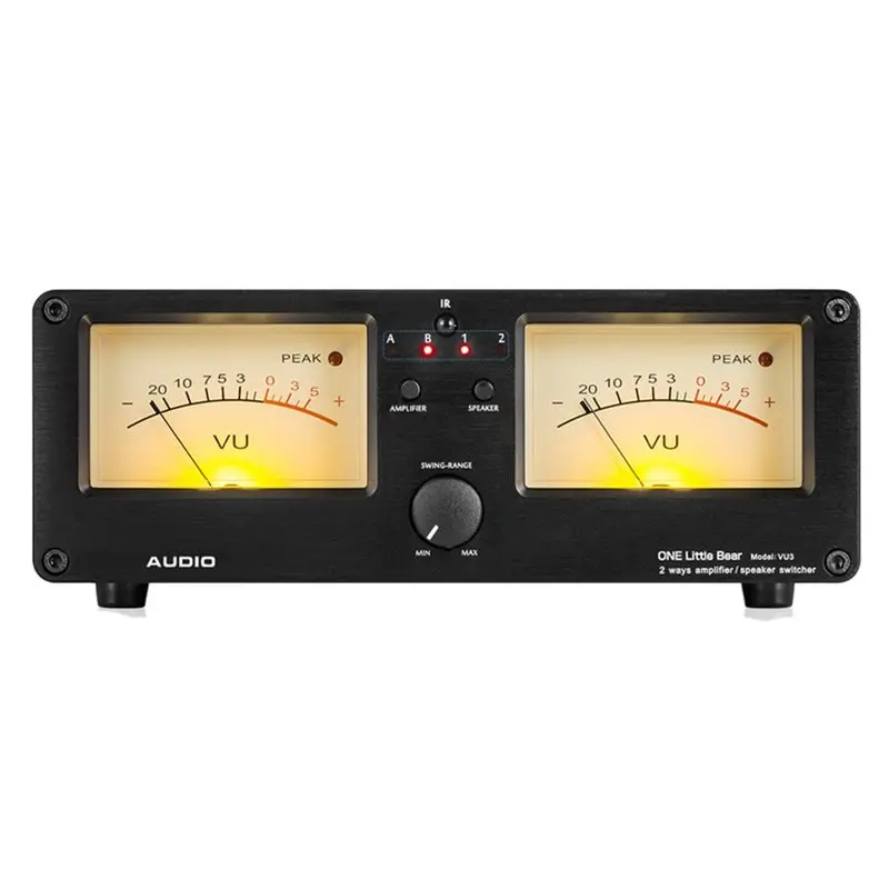 ABGI-Dual Analog VU Meter Audio Switcher Box 2-Way Amplifier/Speakers Vintage Design 100W Maximum Power Remote Control Included