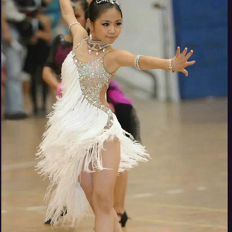 Traje de dança latina com lantejoulas e borlas para meninas, Vestido de dança, Vestido competição