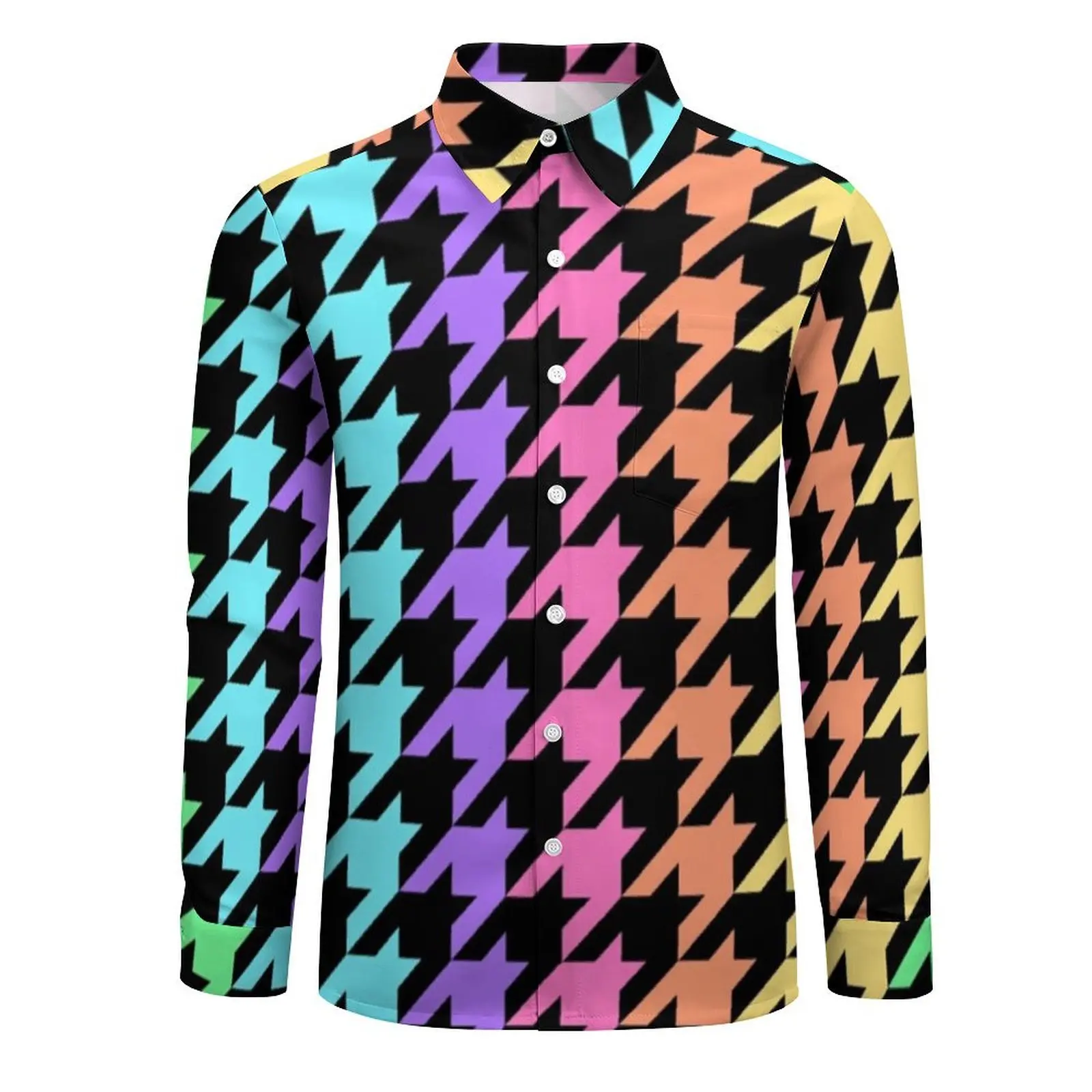 Pastel Houndstooth Shirt Spring Rainbow Print Casual Shirts Man Retro Blouses Long Sleeve Design Comfortable Clothing Plus Size