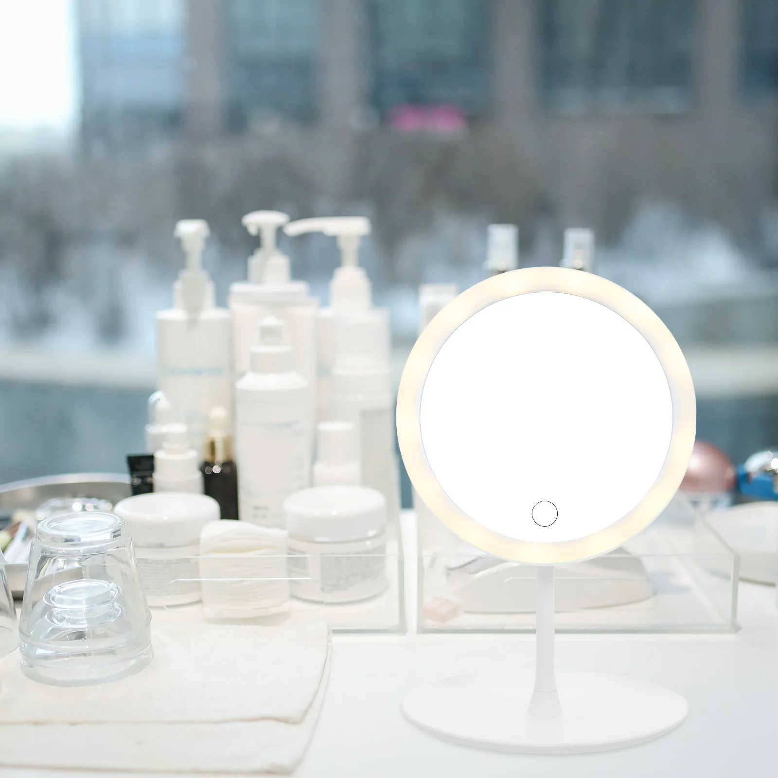 1200Mah Led Makeup Mirror Usb Rechargeable 360° Adjustable Brightness Smart Mirror For Cosmetics Storage Non-Slip Base