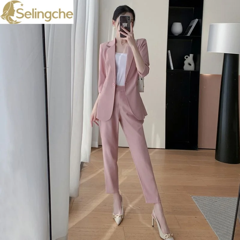 2024 Summer New Candy Color Unlined Thin Jacket Blazers Pencil Pants Two Piece Set Elegant Women\'s Office Business Set