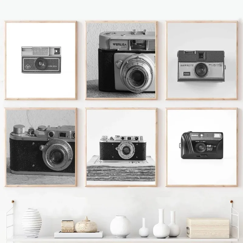 الرجعية الجمالية التصوير الفن أبيض وأسود فيلم كاميرا قماش طباعة مربع المشارك لغرفة المعيشة المنزل مكتب الرجال ديكور