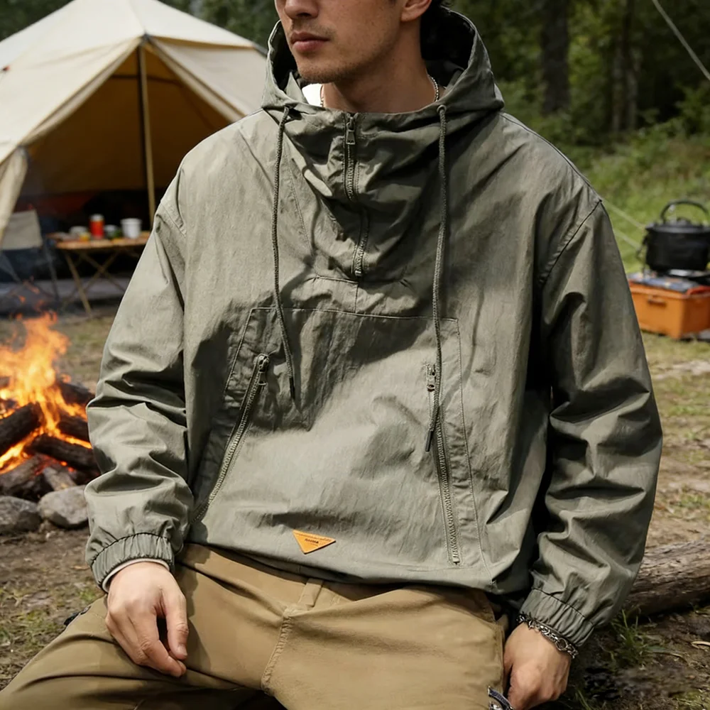 Spring Autumn Men Anorak Jackets Fashion Man Half zip Streetwear Hip Hop Hooded Coats Men Loose Windbreaker Workwear Jackets