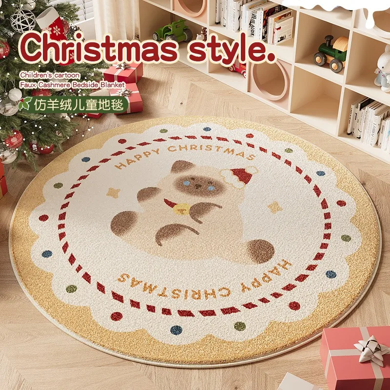 Christmas Round Living Room Large Area Carpet Cute Cat Girl Bedroom Carpet Cartoon Children Rug Red Green Beige Plush Rugs Ковер