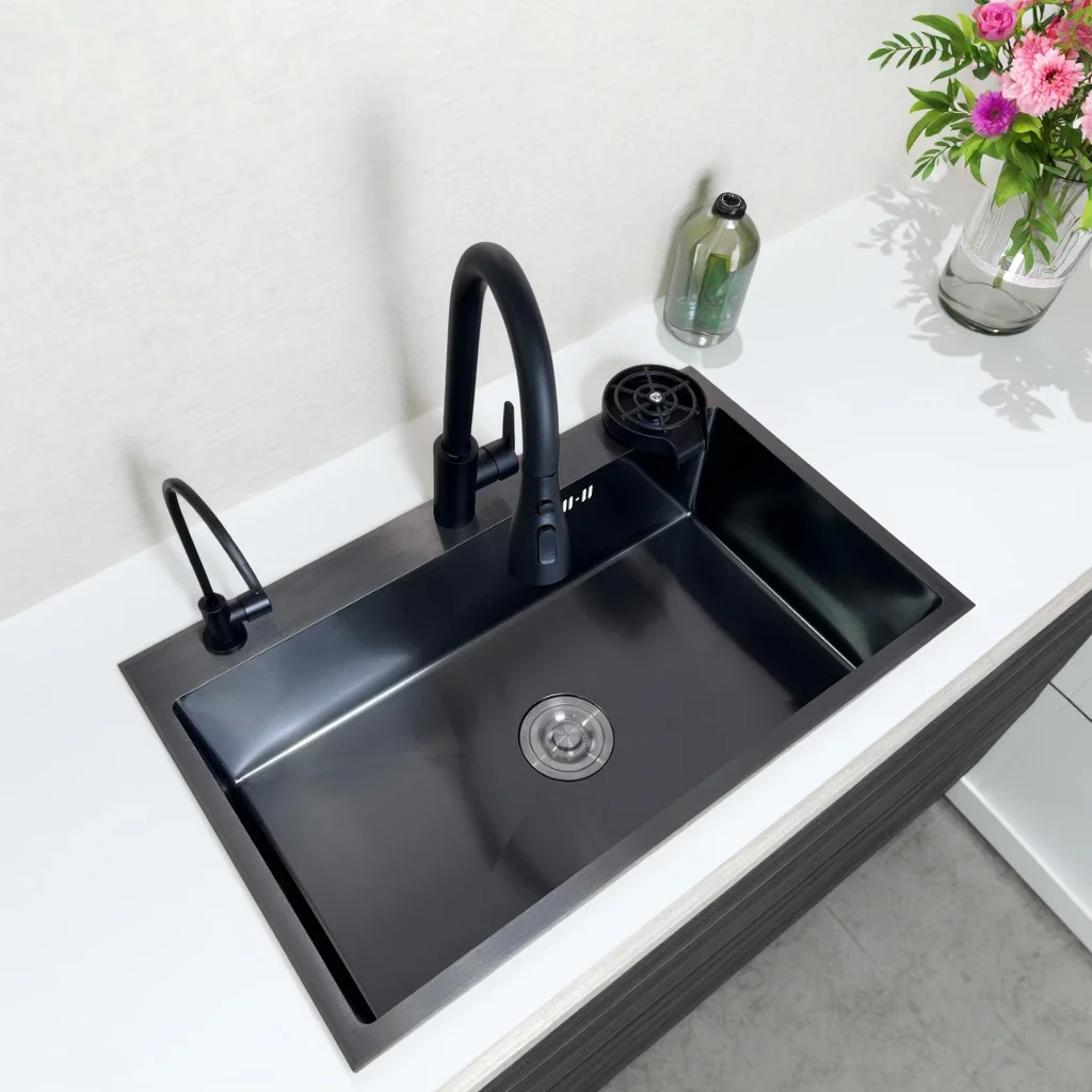 Handcrafted Nano Single Bowl Deep Splash-proof Three-hole Stainless Steel Kitchen Sink with Faucet