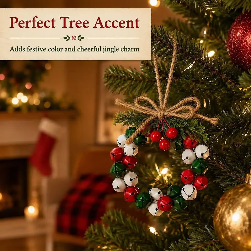 New Christmas Small Wreath Door & Wall Hanging Decor, Iron Bell Ornament with Jute Rope & Bowknot for Car Xmas Decoration