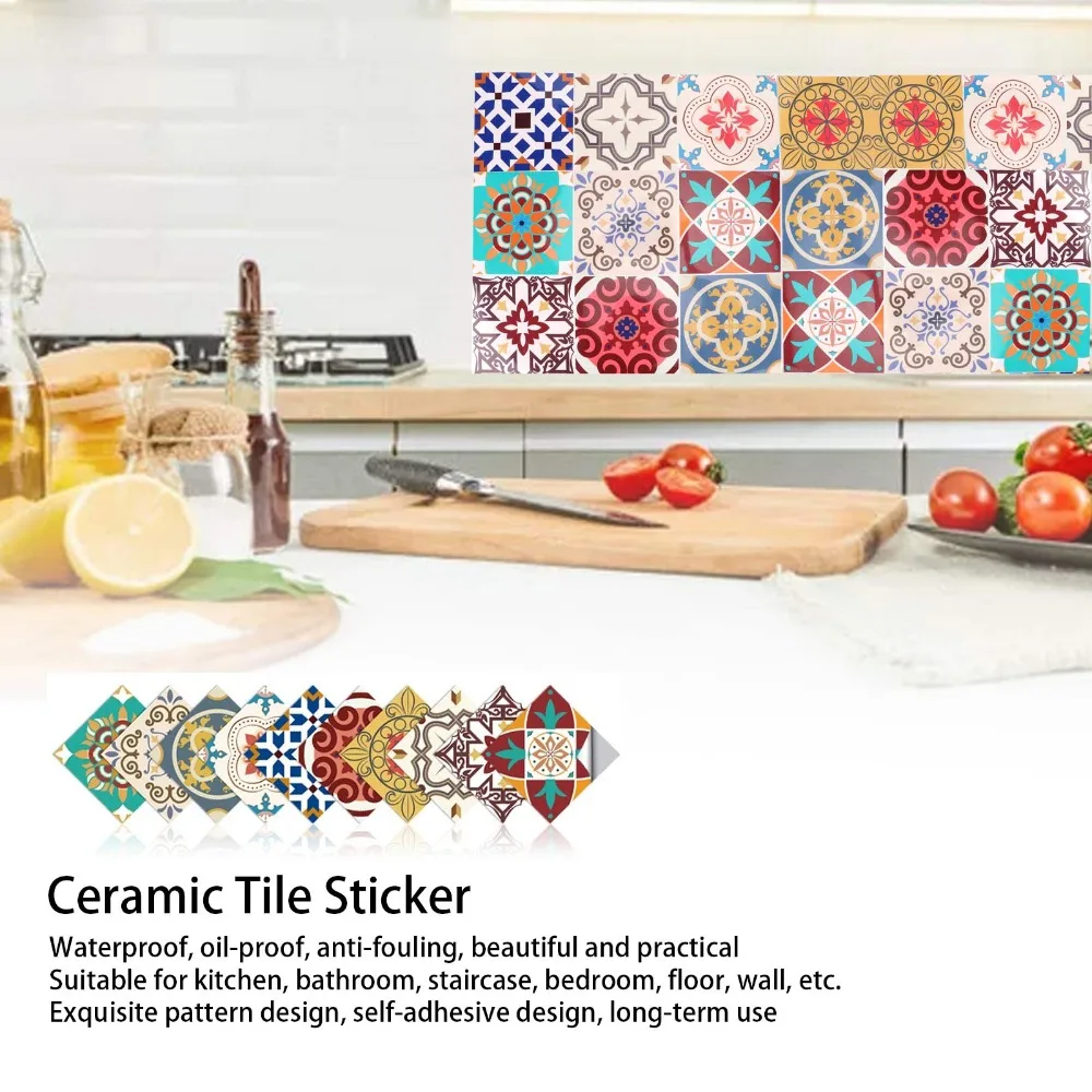 15x15cm Ceramic Tile Stickers Waterproof Oil Proof Self Adhesive Wall Decals Mirror Finish Thick PVC PVC Wall Decor