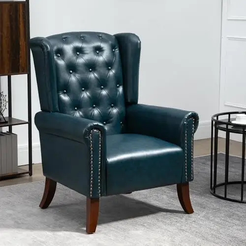 Modern PU Leather Accent Chair, Living Room Lounge Sofa Chair with Buttons, Single Club Armchair with Rivet Trim for