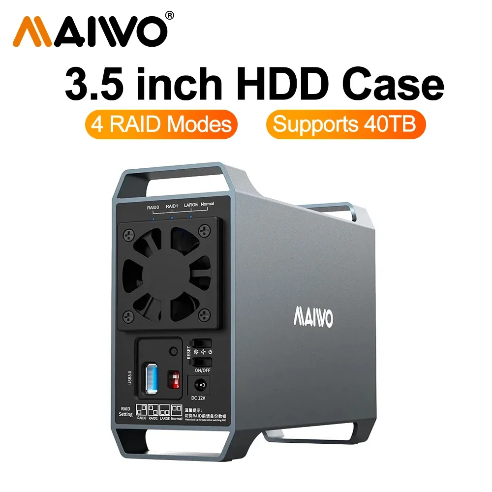 

MAIWO Dual Bay RAID Array Box SATA To USB 3.0 Disk External Box for 3.5 Inch Hard Drive Case with 4 RAID Modes Case with Fan