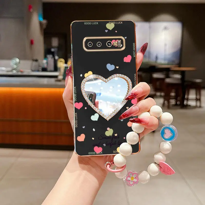 

Bead Strap Lanyard Good Love Mirror Plating Phone Holder Case For Samsung Galaxy S10 Plus S9 S8 Plus + Back Stand Girl Used Back