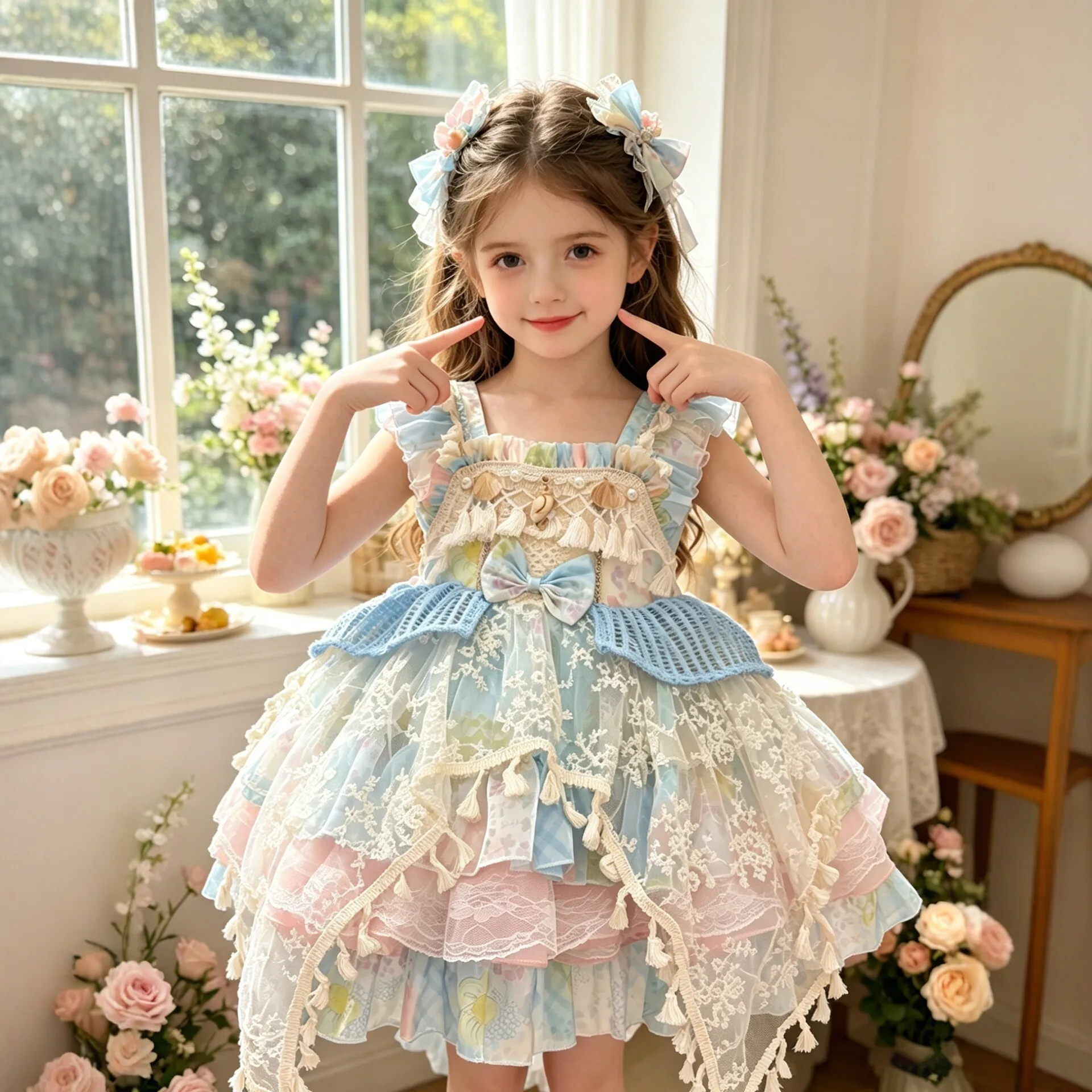 Kinder-Lolita-Kleid mit Rüschen, Spaghettiträgern, Quasten, Stufenrock aus unregelmäßigem Tüll, Blumenmuster, Schleifen-Stirnband, süßes Prinzessinnen-Outfit für Kinder – Detail 5