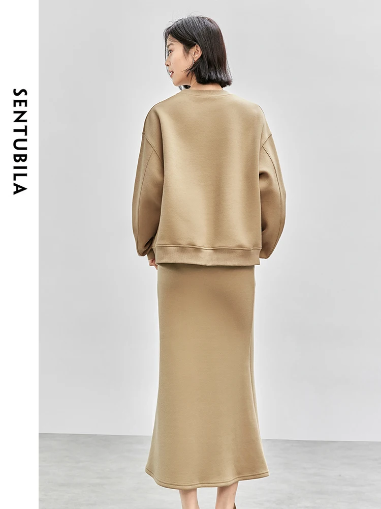 SENTUBILA Women Cotton Sweatshirt Set 2024 Autumn Letter Embroidery Tops Fashion Mermaid Skirt 2 Piece Set Match Set 143Z56391