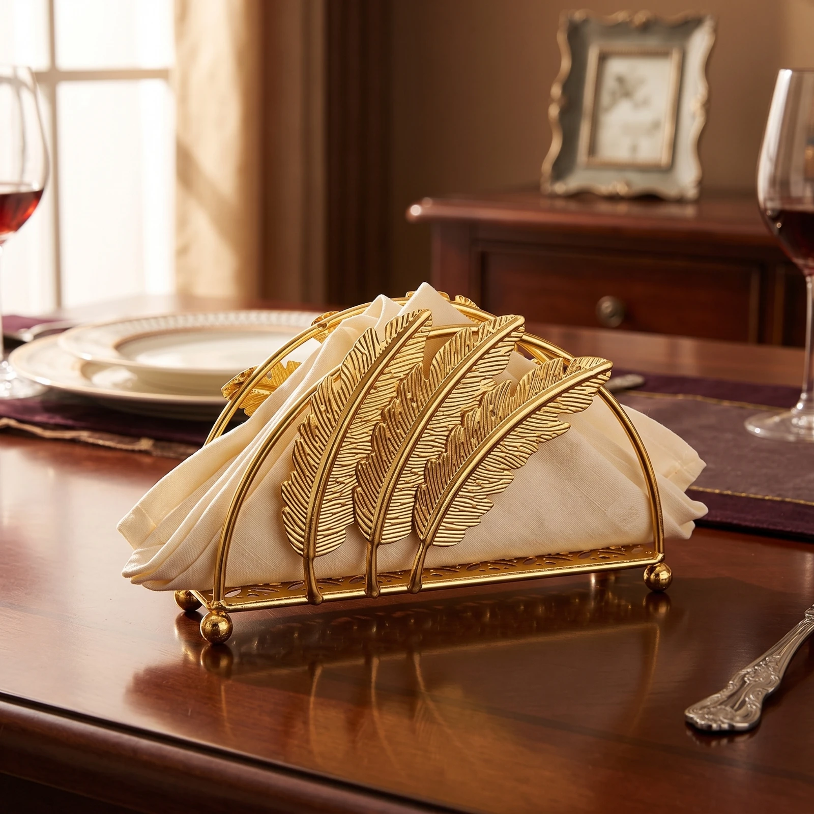 Tissue Holder with Feather Panels Metal Freestanding Napkin Holder Standing Napkin Dispenser Elegant Slim for Dining Table
