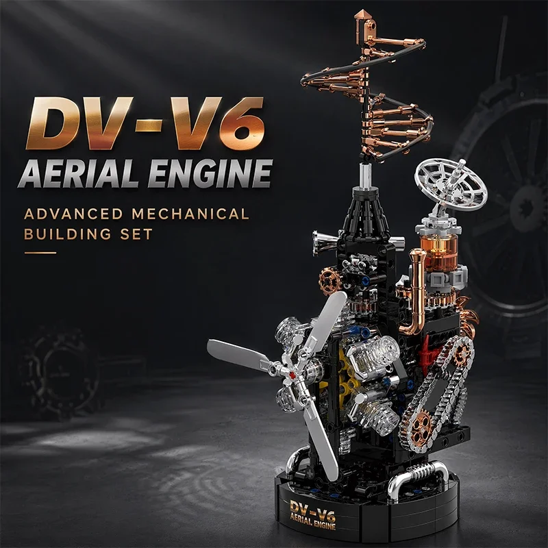 Creativity Motorized V6 Aerial Engine Mechanical Building Blocks Retro Steampunk Helicopter Rotor Assembly Bricks Toy Adult Gift