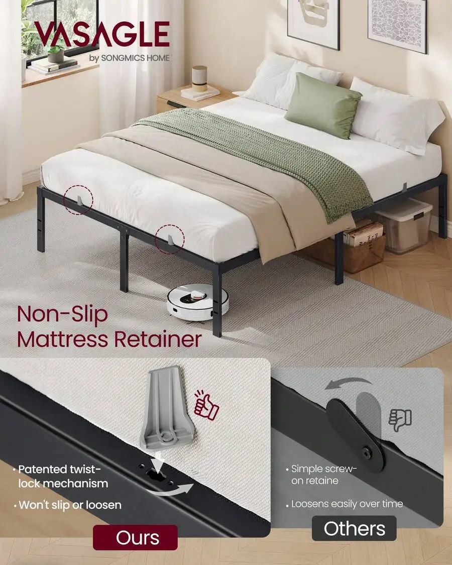 Metal Bed Frame 16 Inches Tall, King/Queen/Full/Twin Size, 550/1100 Lb Weight Capacity, No Box Spring Needed, With Under-Bed Storage, Easy Setup, Heavy-Duty Platform Bed, Mattress Retainers