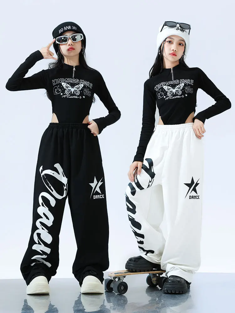 

Girls Hip Hop Clothing Black Butterfly Print Tops White Streetwear Jogger Pants for Kids Dance Costume Clothes