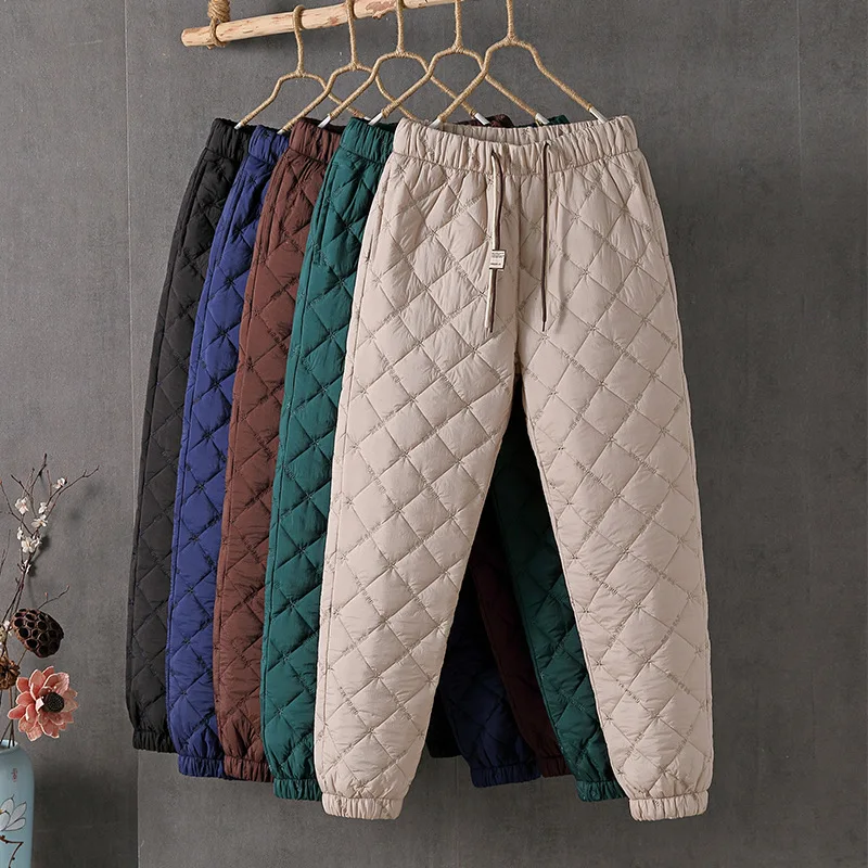 Women Winter Down Cotton Pants Large Size Thick Thermal Padded Quilted Casual Trousers Drawstring Elastic Waist Sweatpant M-3XL