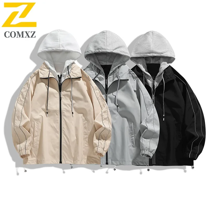 

COMXZ 2025 Мужская и женская вязаная куртка с цветными блоками и капюшоном, весенне-осеннее искусственное пальто из двух предметов с двойной молнией в горном стиле