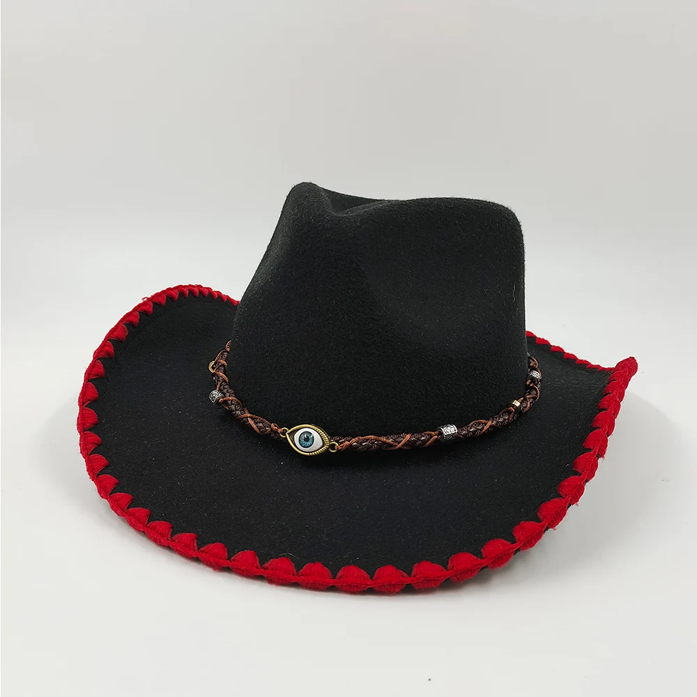 New Black Edging Western Women Cowboy Hat For Men Wide Brim Cowboy Jazz Cap With Leather Belt Sombrero Cap Cowgirl hats