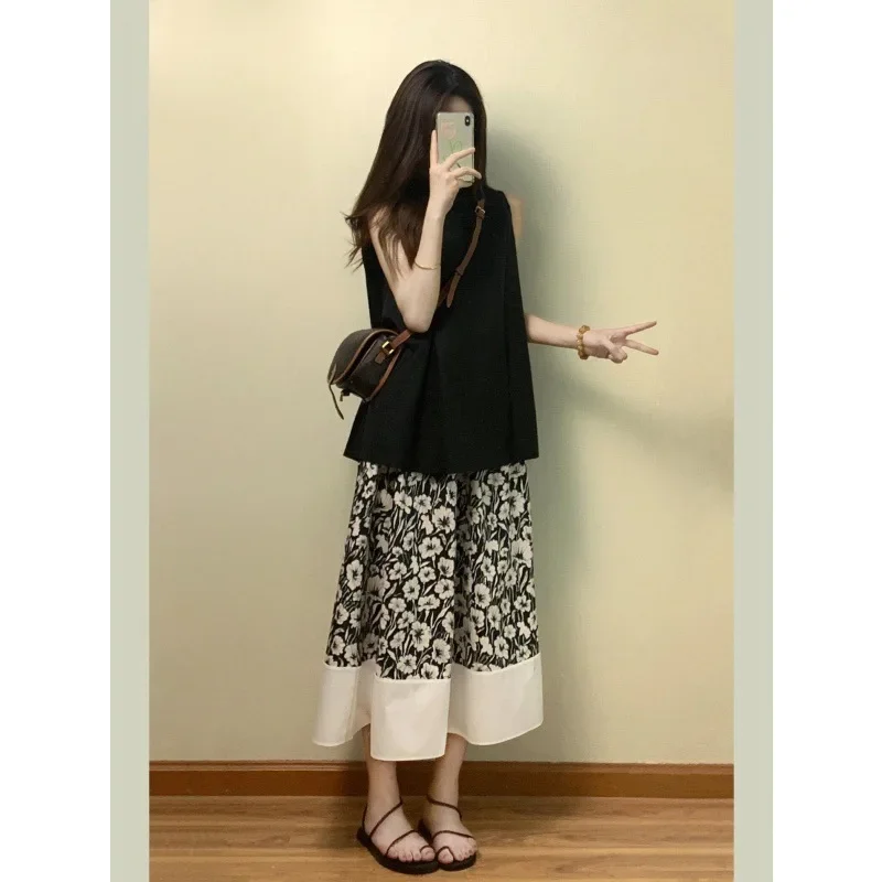 Summer dopamine sleeveless top women's summer new set of high waist drape loose a word floral medium and long dress