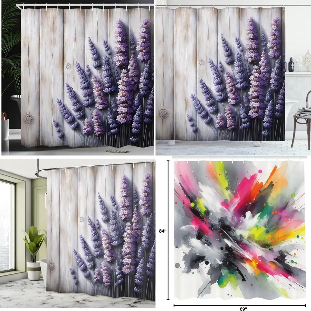 

фиолетовая занавеска для душа с цветочным принтом - стиль фермерского дома в деревенском стиле, весенние цветы лаванды, тканевый декор для ванной комнаты