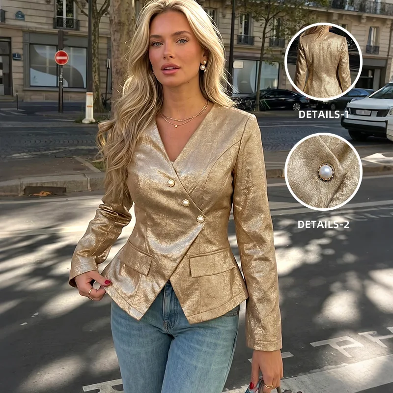 New temperament retro style gold v-neck slim-fitting long-sleeved blazer