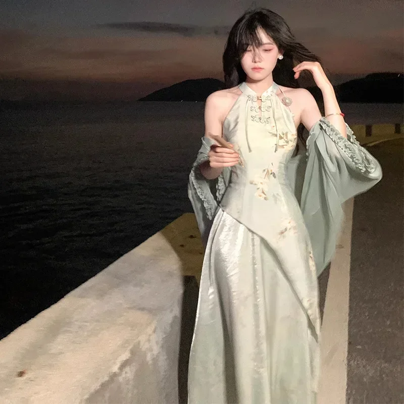 2025 الصيف الخصر المجهزة خمر الوقوف طوق بلا أكمام المرأة تنورة Greenhalter الرقبة تحسين فستان صيني 2025 جديد hanfu #2