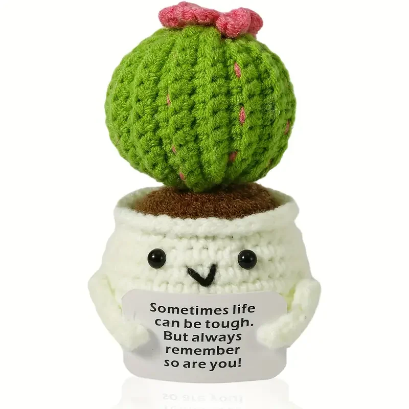 Adorable Handmade Knitted Cactus Toy - Cute Emotional Positive Life Doll with Encouraging Card, Friends, Room, Unique Gift Idea