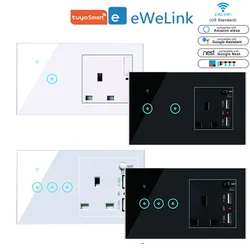 Smart Wall Socket Switch UK Plug with USB Charger 220V WiFi Wireless Control Compatible with Alexa Google Home IFTTT