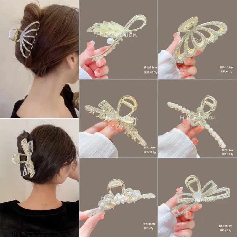 2024 new light luxury temperament bow hairpin inlaid with diamond large grab clip back head disc hair shark clip