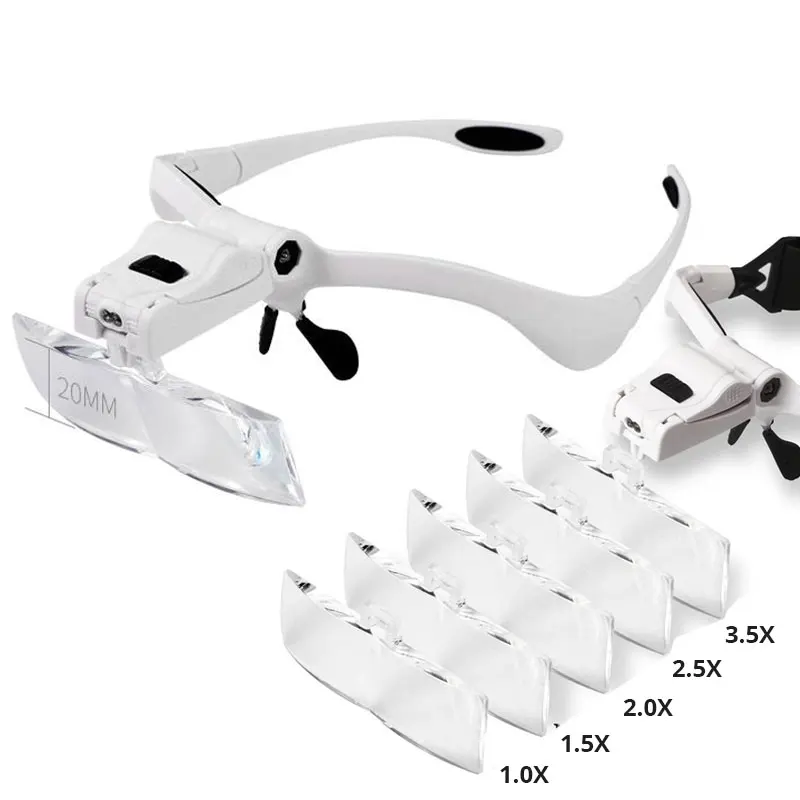 Lupa de iluminación para diadema con 5 lentes ajustables 1.0X 1.5X 2.0X 2.5X 3.5X lupa para lectura reparación artesanal