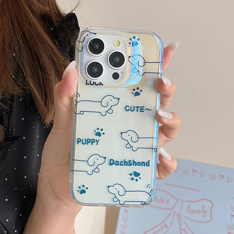 Funda de teléfono transparente Blu-ray con forma de cachorro para iPhone 16 Pro 14 15 13 Pro Max, Funda trasera de silicona a prueba de golpes, Funda de dibujos animados Kawaii