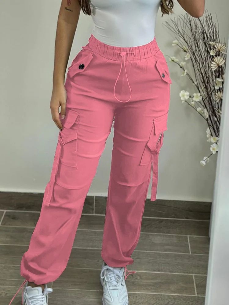 Damen Cargo hose Frühlings mode Street Pocket Design Kordel zug Manschetten hose Damen täglich lässig schlichte lange Hose