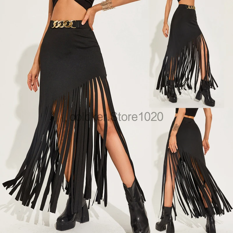 2024 Women Tassel Gothic Punk Skirts Black Fashion High Waist Long Skirt With Gold Metal Belt Dancer Harajuku Club Streetwear