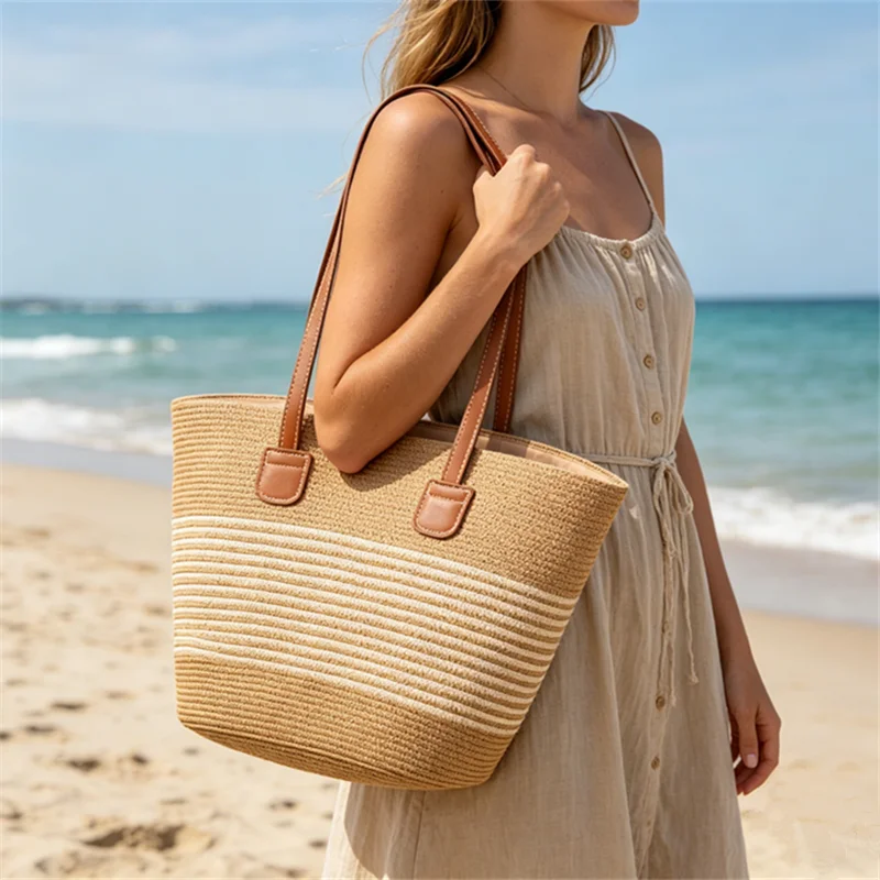 Striped Straw Tote Bag with Leather Handles, Large Capacity, Summer Beach & Casual Daily Shoulder Bag for Women, Everyday Use