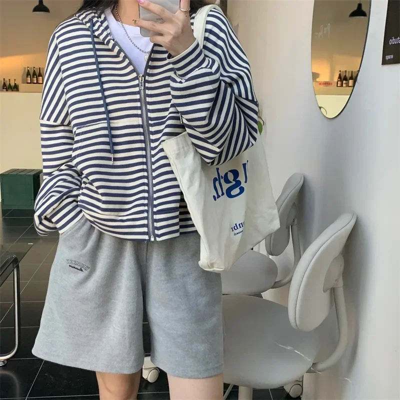 

Striped Casual Loose Long Sleeve Zipper Women's Hooded Sweatshirts Korean Fashion Female Hoodies Autumn Sweater Streetwear Y2k