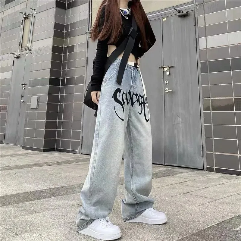 American High Street Retro Letter Printed Button Zipper High Waist Loose Straight Jeans Women's Wide Leg Trousers