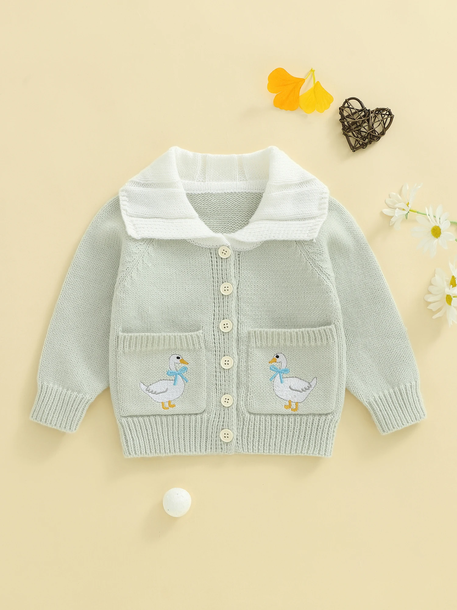 

Women s Fall Knit Sweater Cardigan with Long Sleeves and Lapel Collar Button Up Front featuring Cute Duck Embroidery on