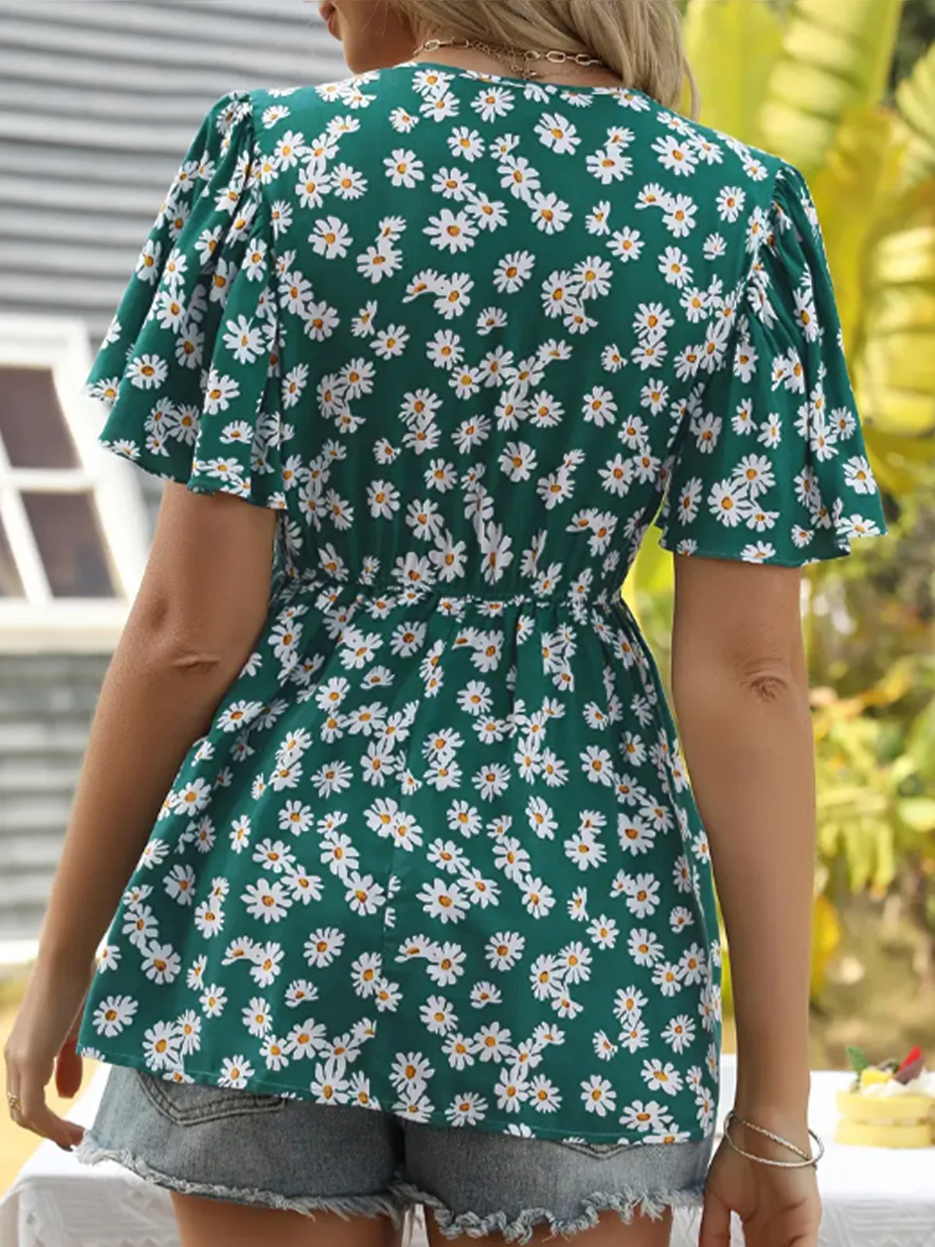 Plus Size Women's Daisy Print Babydoll Top V Neck Flutter Short Sleeve Elastic Waist Loose Casual Summer Blouse view 6