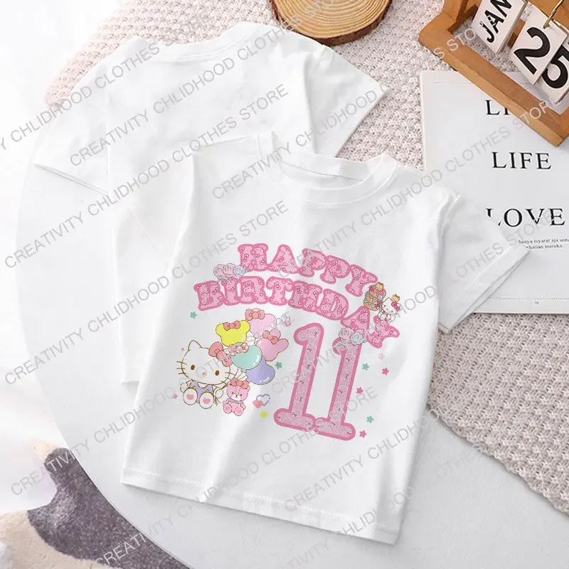 Hello Kitty Children T-shirt Birthday Number 1-14 Tee Shirts Kawaii Sanrio Y2k Cartoons Kid Girl Boy Streetwear Casual Clothes