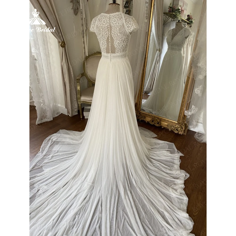 Roycebridal abiti da sposa per le donne Cap Sleeve scollo a V pizzo Boho abiti da sposa per le donne Illusion Sexy New Mariage abiti da sposa