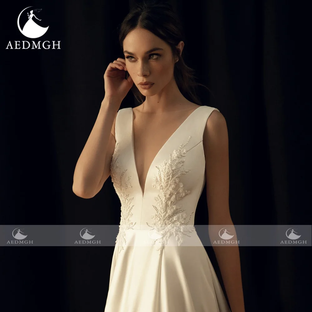 Aedmgh A-Line Matte Satin Wedding Dresses V-Neck Puff Long Sleeve Vestido De Novia Detachable Jacket Custom Made Bridal Gown