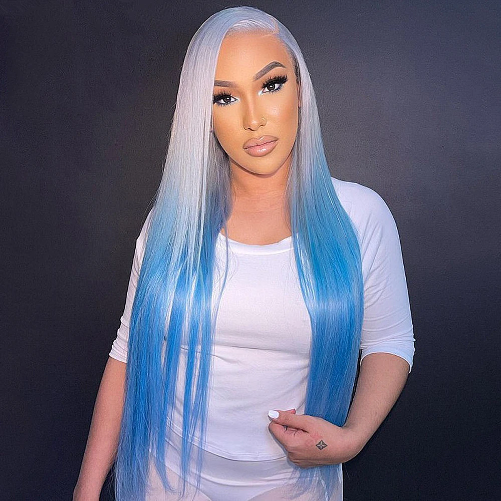 Ombre blue Human hair 360 lace frontal wigs for women gray roots straight HD Transparent 13x4 Lace Front Wigs brazilian hair