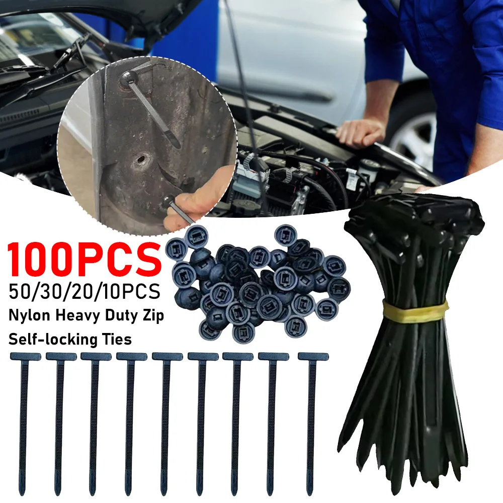10~100pcs Black T-type Cable Ties Plastics Releasable Nylon Hook Loop Wrap Zip Bundle Fastener Straps Detachable Wire Organizer