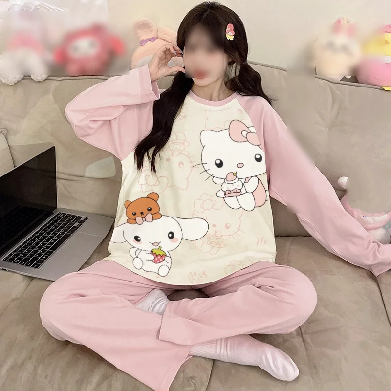 

Sanrio Hello Kitty Young Girl Pajamas Kawaii Cartoon Students Autumn Long Sleeve Long Pants Pure Cotton Leisure Home Wear Suit