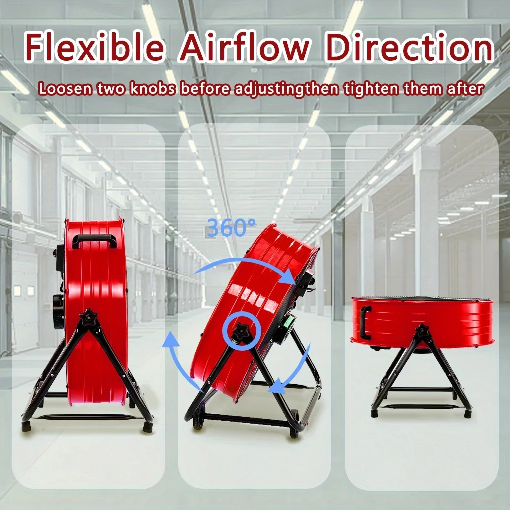 24-Inch Industrial Drum Fan – 9000 CFM Airflow, 3-Speed Control, 360° Adjustable Tilt, Built-in Casters & Carry Handle for Easy Movement – Ideal for Warehouses, Patios, Garages, Workshops view 5