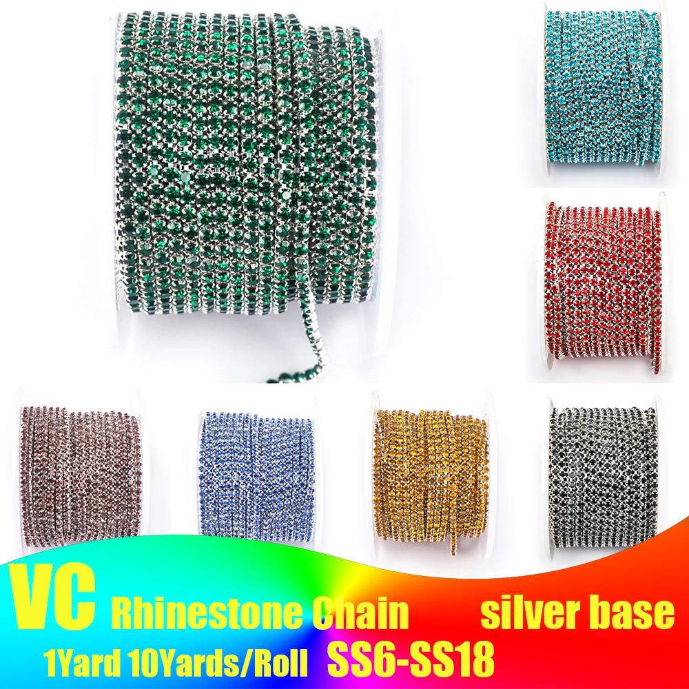 VC Silver base Color SS6-SS18 Crystal Rhinestone Chain Sew-On Glue-On Trim Cup Chain For clothes DIY chain Accessories