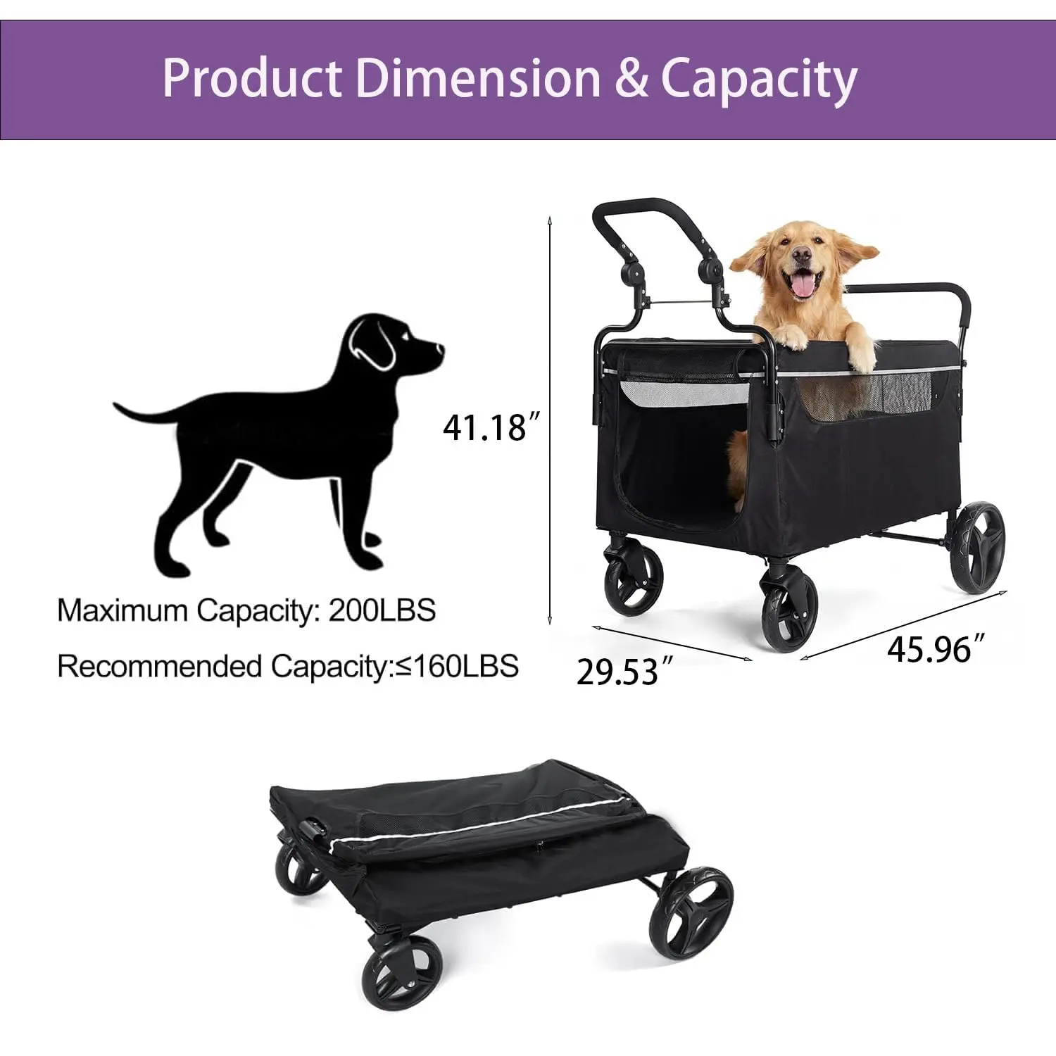 Dog Stroller Wagon, Large & Medium Dog Pet Cart, Foldable 2-in-1 Push-Pull Design, All Terrain, Great for Outdoor Use, Walks, Camping