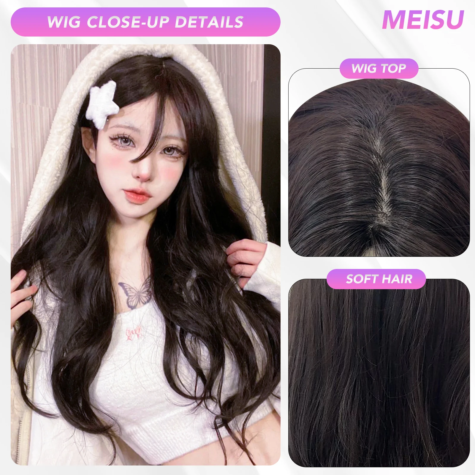 MEISU 26 بوصة شعر مستعار طويل مموج الشاي الأسود الألياف الاصطناعية مقاومة للحرارة الطبيعية وسلسة تمديد الشعر لزيادة حجم الشعر النساء #4