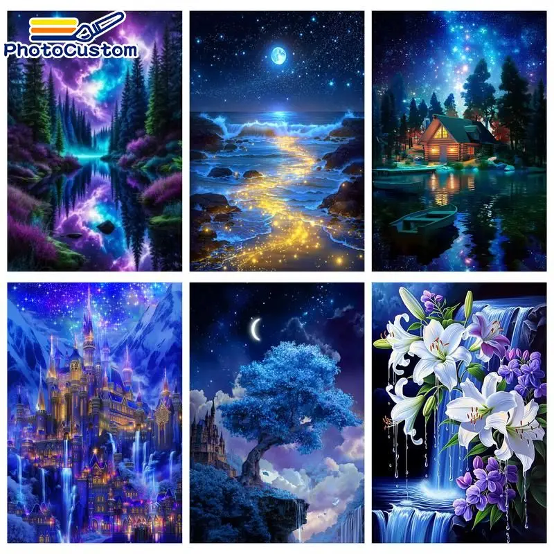 PhotoCustom Schloss-Malerei nach Zahlen, Kunsthandwerk, Kunstbild nach Zahlen, Landschaftsmalerei nach Zahlen, Heimdekoration, Geschenk